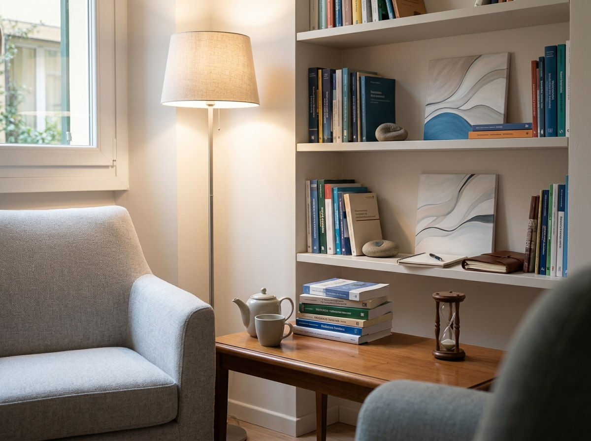 Studio di consulenza psicologica: poltrona e luce soffusa, senza persone